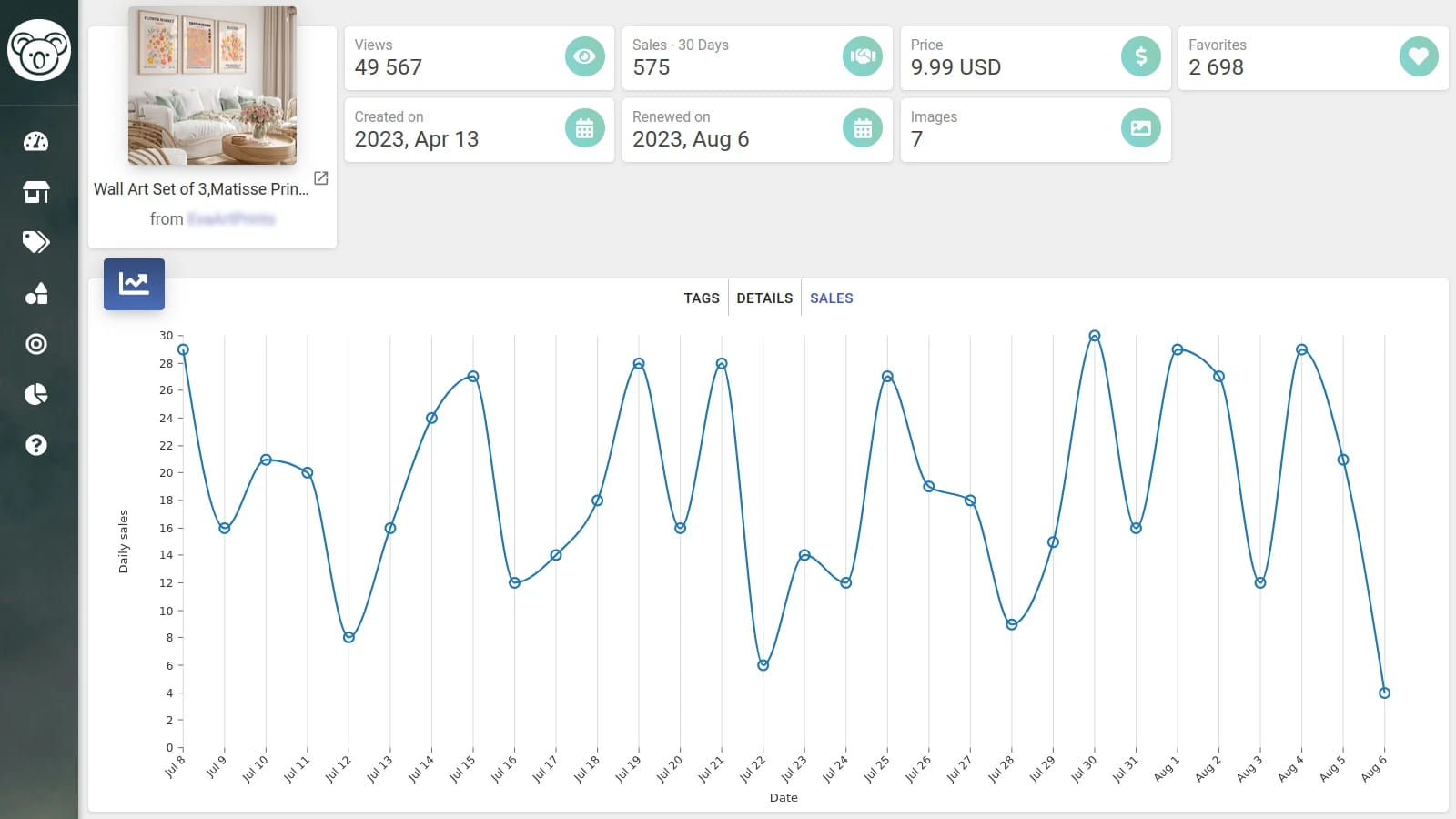 Etsy product sales history