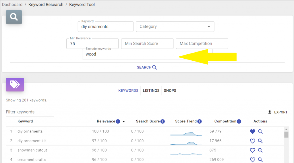 Snapshot from Koalanda - Excluding keywords from the results in the keyword tool